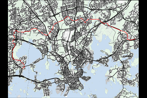 Map of the proposed Raide-Jokeri orbital light rail line linking Helsinki and Espoo.